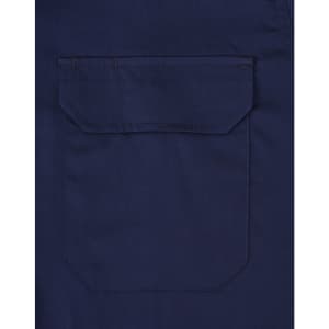 A navy long-sleeve work shirt featuring a closed front and a pocket on the back. The shirt has a branding logo.