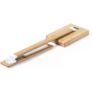 A bamboo wireless charger lamp featuring a sleek design with a white accent. It has a logo on the base.