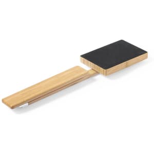 A wireless charger lamp with a sleek black top and natural bamboo base, featuring a minimalist design.