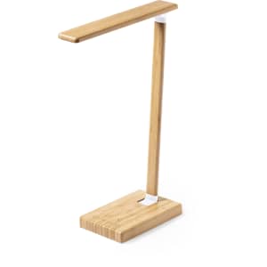 A bamboo wireless charger lamp with a sleek, minimalist design. It features a wooden finish and a modern style.