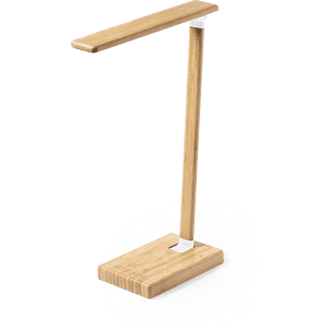 A sleek, modern lamp with a bamboo finish and a minimalist design, featuring a rectangular base and an adjustable arm.