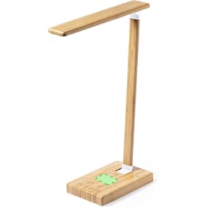 A wireless charger lamp in a light bamboo finish, featuring a sleek, minimalist design and a touch-sensitive base.