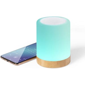 A teal speaker with a wooden base sits next to a smartphone displaying music controls.