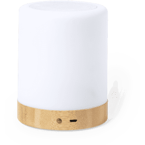 A white speaker with a bamboo base, featuring a logo on the front. Compact and cylindrical in shape.
