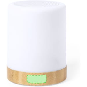 A white speaker with a bamboo base, featuring a round top and a minimalist design.