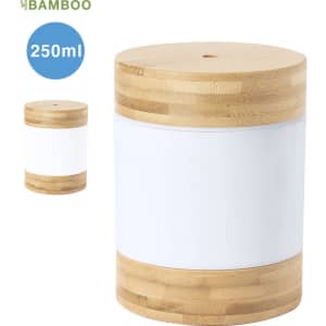 A bamboo and white humidifier featuring a cylindrical shape, with a capacity of 250ml.