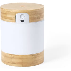 A cylindrical humidifier with a bamboo base and a white upper section, featuring a small logo on the front.
