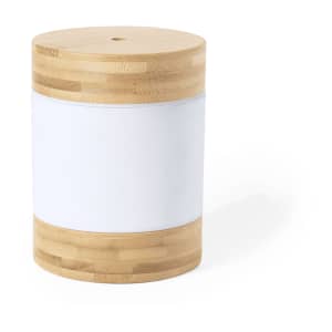A cylindrical humidifier with a bamboo base and a white middle section. It has a simple, modern design.