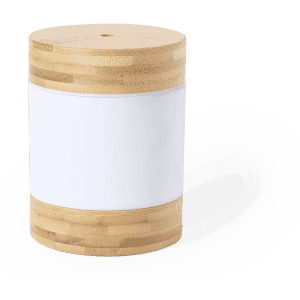 A cylindrical humidifier with a bamboo base and a white body, featuring a logo on the surface.