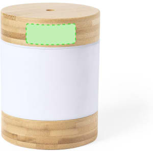 A cylindrical humidifier with a bamboo base and a white upper section, featuring a logo area.