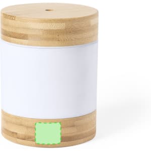 A wooden humidifier with a bamboo base and a white cylindrical body, featuring a logo on the front.