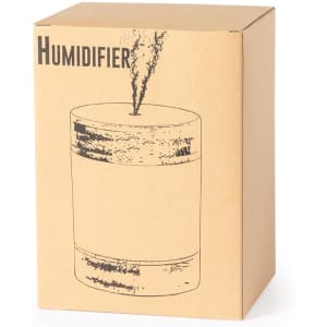 A cardboard box packaging for a beige humidifier, featuring a simple illustration of the product and a logo.