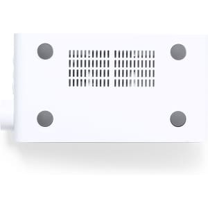 A white multifunction alarm clock featuring a sleek design and ventilation grilles on the top surface.