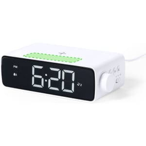 A white multifunction alarm clock with a large digital display, featuring wireless charging capability and a volume control knob.