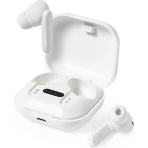 White Volpux RCS earphones in a charging case, with one earbud outside the case and showing a logo.