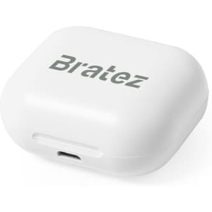 A white charging case for earphones with a logo on the surface and a USB-C port at the bottom.