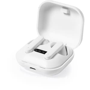 A pair of white earphones in a charging case with a digital display. The case is open, showing the earbuds inside.