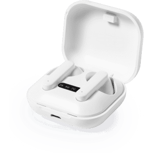 A pair of white earbuds in a charging case, featuring a small display and a logo.
