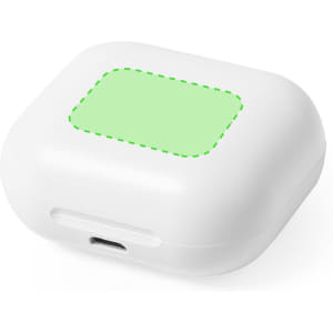 A white charging case for earphones with a green square area and a charging port at the bottom. It features a logo.