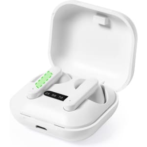 A pair of white earphones in a charging case, featuring a battery level indicator and a logo.