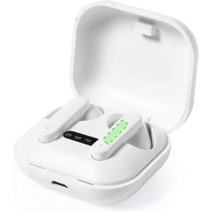 White earphones in a charging case, featuring a battery indicator and a logo on the case.
