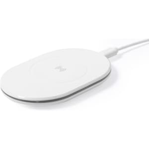 A wireless charger in white, featuring a sleek oval shape and a slim profile with a cable attached.