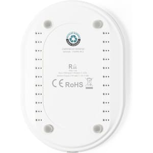 A white wireless charger featuring multiple ventilation slots and a branding logo on the bottom surface.