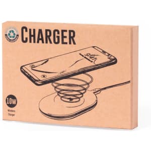A wireless charger in a cardboard box, featuring a circular design with a coiled illustration and a smartphone on top.
