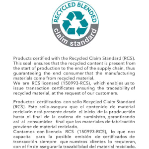 A promotional image featuring text about recycled product certification standards, with a logo indicating recycling.