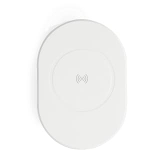 A white wireless charger featuring a round charging pad design and a logo.