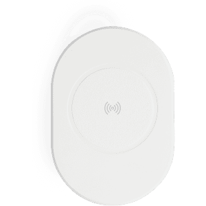A white wireless charger with a smooth surface and a circular charging area. It features a small logo.