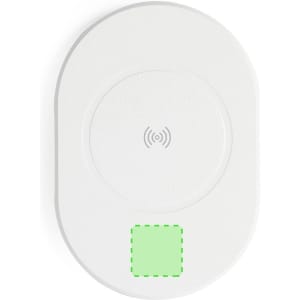 A white wireless charger with a circular charging area and a green highlighted section. It features a logo.