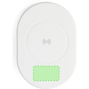 A white wireless charger featuring a circular charging pad and a logo. The design is sleek and minimalistic.