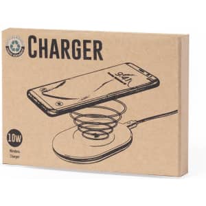 A wireless charger packaged in a brown box with an illustration of the charger and a mobile phone.