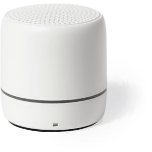 A white cylindrical speaker with a textured top and a sleek design. It features a subtle branding logo.