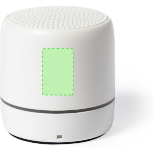 A white Medran RCS speaker with a smooth surface and a circular design, featuring a logo on the side.