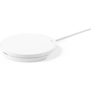 A round, white wireless charger with a connecting cable, featuring a minimalist design and a logo.