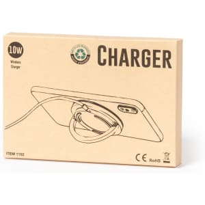 A brown cardboard box containing a wireless charger with a clear illustration on the front. The box features a logo.