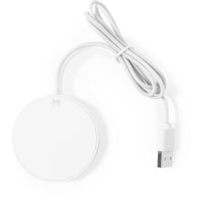 A wireless charger in white with a USB cable attached. It features a round design and has a branding logo.