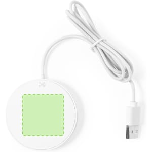 A wireless charger in white with a USB cable attached, featuring a square charging area.