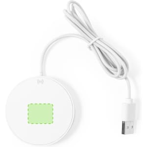 A wireless charger in white, featuring a round design with a USB cable attached. It includes a logo on the surface.