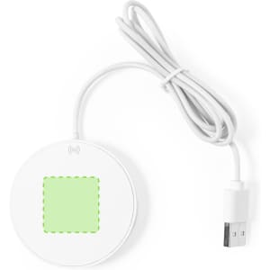 A wireless charger in white with a USB cable, featuring a green-highlighted charging area and a logo.