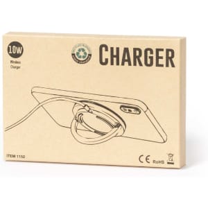 A wireless charger in a cardboard box, featuring a logo and a simplistic design with a circular charging pad.
