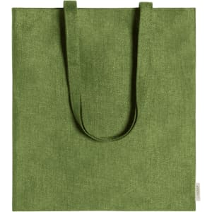 A green tote bag with two sturdy handles and a textured surface. The bag features a logo on the side.