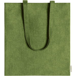 A green tote bag with two handles, featuring a textured fabric and a branding logo.