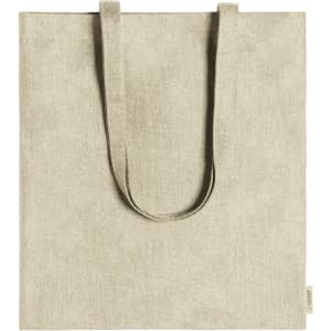 A light beige tote bag with two long handles and a simple, minimalist design. It features a logo.