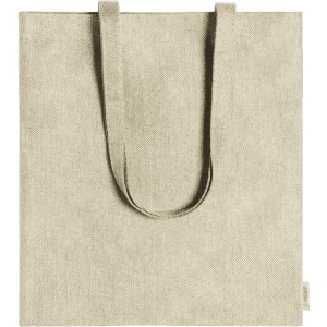 A neutral-toned tote bag with sturdy handles and a textured fabric. It features a logo on the side.
