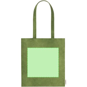 A green tote bag with a square area for customization and two handles. It has a simple design and minimal branding.