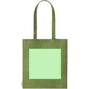 A green tote bag featuring a large blank area in the centre for custom designs. It has two sturdy handles.