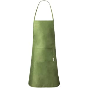 A green apron with a simple design and a pocket, featuring a logo at the bottom.